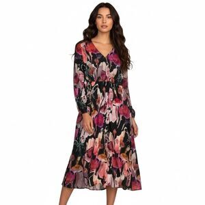 NEW Ulla Popken Pink Floral Watercolor Midi Dress 12 14 US Long Sleeve Prairie